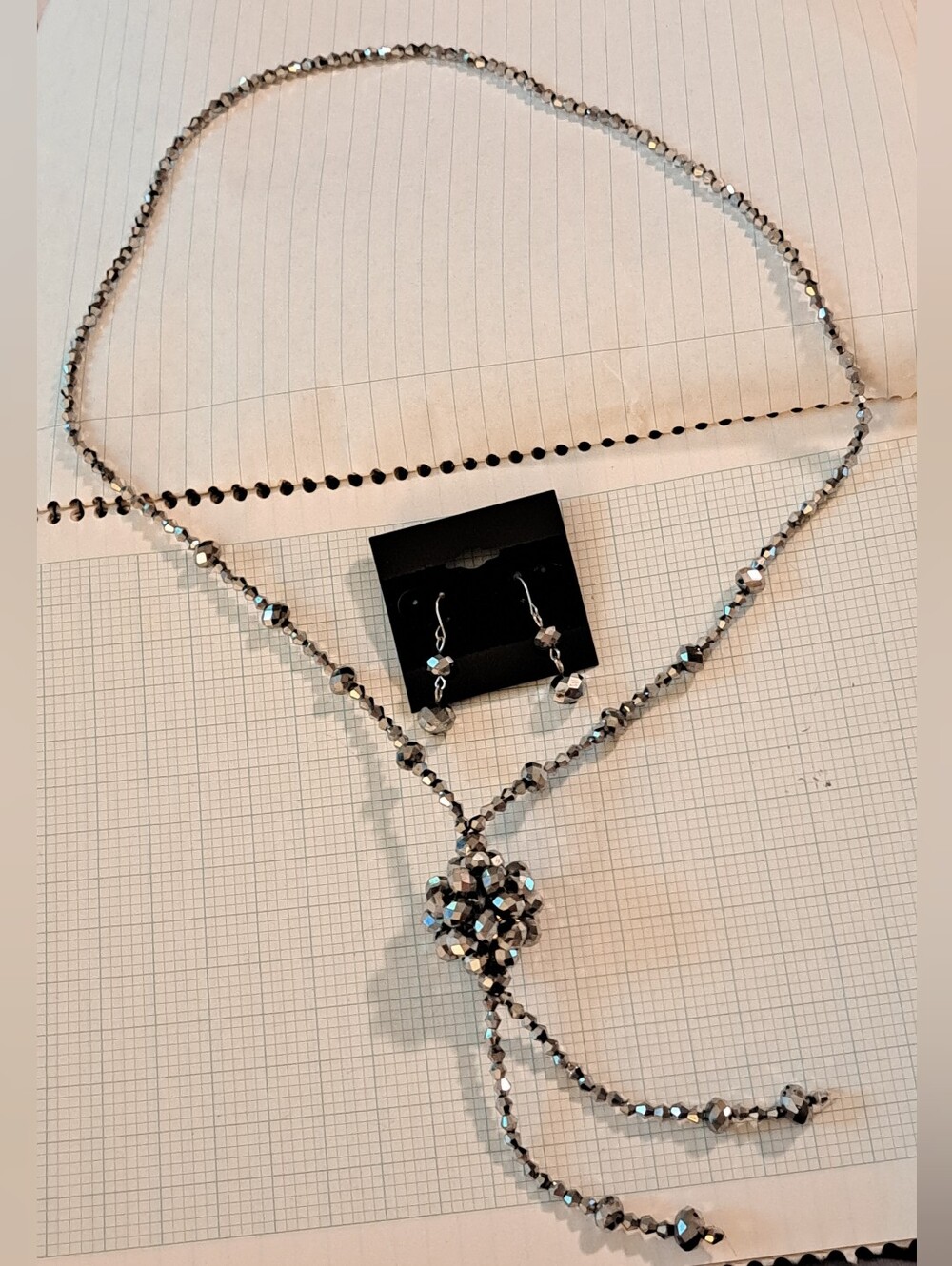 Silver Mirror Beaded Lariat Necklace with Matching Dangle Earrings